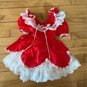 Vintage Lida fancy little girls red and white lace floral dress‎